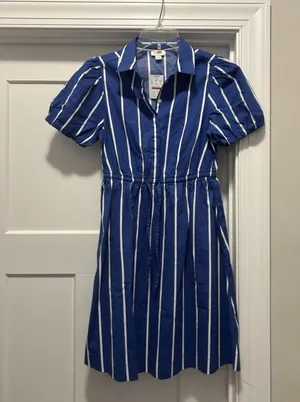 New J.Crew Size 00 Collared Short-sleeve Tie-waist Mini Dress Blue White Stripe thumbnail 2