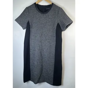 J. Crew Houndstooth Mini Shift Dress Wool Leather Women’s 10 wedding guest thumbnail 2