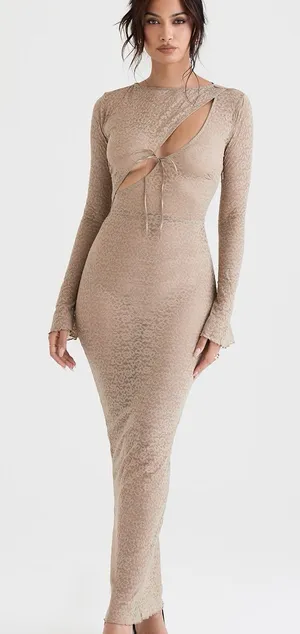 House of CB Giovanna Taupe Tie-Front Cutout Long Sleeve Maxi Dress thumbnail 1