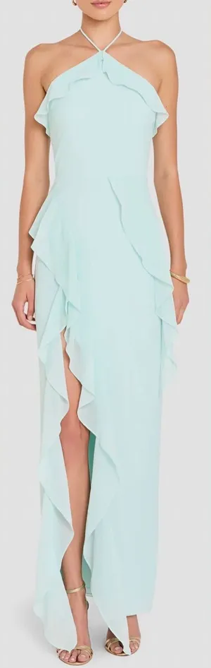 NEW Amanda Uprichard Alessandra Halter Neck Ruffle Trim Gown Sz L thumbnail 1