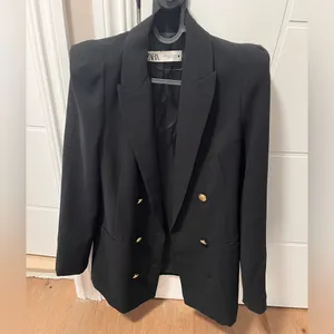 Zara Double Breasted Black Blazer Gold Buttons Padded XS thumbnail 7