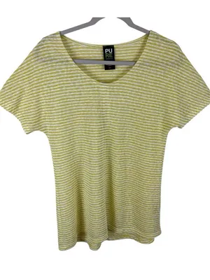 Pure Essence Yellow White Striped Short Sleeve‎ Lightweight Round Neck Blouse S thumbnail 1