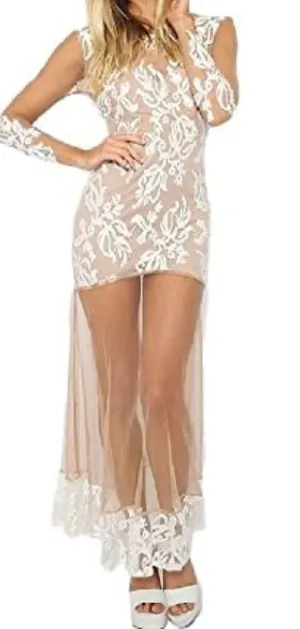 Love Triangle PURE GLAMOUR Nude&White Lace backless Formal maxi Dress-Size Small thumbnail 9