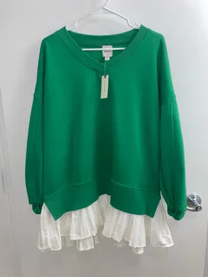 Anthropologie Maeve Green Long Sleeve V-Neck Twofer Knit Ruffle Pullover $118 L thumbnail 1