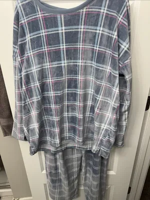 Women's Plaid Long-Sleeve Pajama Set - Gray with Pink & Light Blue thumbnail 1