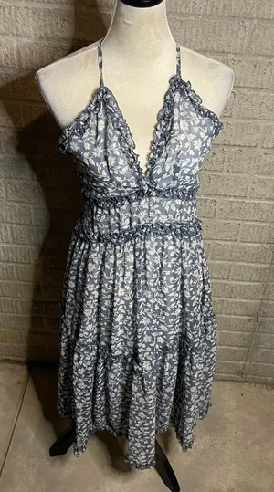 NWT Angel Biba Blue White Floral Low Back Criss Cross Tiered Dress Size XS‎ thumbnail 1