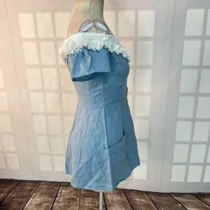 Reformation button down mini denim dress with white fringed off the shoulder nec thumbnail 4
