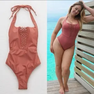 Aerie Macrame Boho‎ Scoop Neck Halter One Piece Swimsuit Bathing Suit thumbnail 2