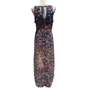& Harmony Womens‎ Floral Maxi Dress Teal Orange Ruffle High Neck Slit Size Large thumbnail 5