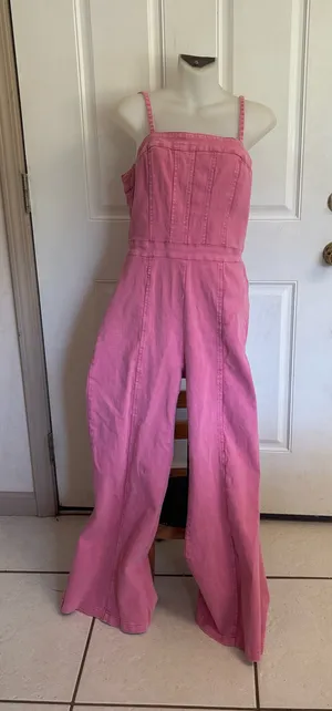 Large Amazon Rose Red Denim Sleeveless Adjustable Strap Stretchy Flare Jeans Long Pants Rompers. thumbnail 1