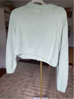 H&M Divided Knit Cropped Cardigan V Neck Button Coastal Preppy Mint Green L Boho thumbnail 3