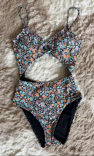 NWOT Juniors Floral Cutout One-Piece Swimsuit - Black with Pastel Flowers thumbnail 1