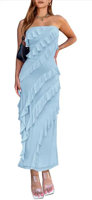 NEW Elegant Strapless Midi Ruched Bodycon Stretch Mesh Slim Dress L thumbnail 1