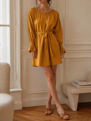 DOEN Miro Golden Hour Mustard Smocked Neck Waist Tie Boho Cottagecore Mini Dress thumbnail 2