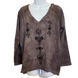 FREE PEOPLE Brown Embroidered V-Neck Boho Top Raw Edge Long‎ Sleeve XS thumbnail 2
