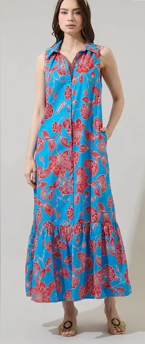 Sugarlips Ripon Floral Cileah Collared Maxi Dress Pockets Size Large Cotton thumbnail 1