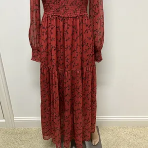 NWT bohme Smocked Tiered Maxi Dress Sheer Sleeves Rust with black design size S thumbnail 3