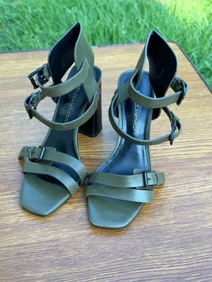 Rebecca Minkoff Leather Block Heel Sandals Women 6.5 Olive Green Buckle thumbnail 2