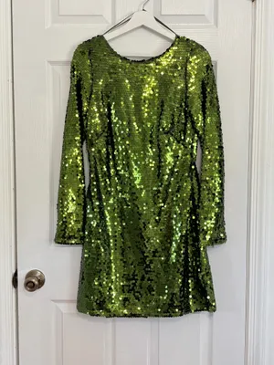 Anthropologie Green Sequin Mini Dress US 4 Party Cocktail Glam Open Back Long Sleeve thumbnail 3