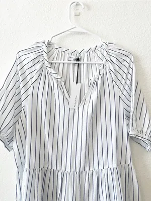 NWT Michael‎ Stars Navy Stripe Babydoll Peasant Dress Large Cotton thumbnail 2