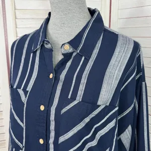 Sandy & Sid Striped Long Sleeve Button‎ Up Crop Shirt Blue White Large thumbnail 5