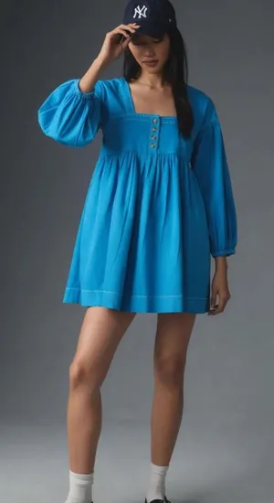 Anthropologie Long-Sleeve Square-Neck Denim Style Babydoll Mini Dress thumbnail 1