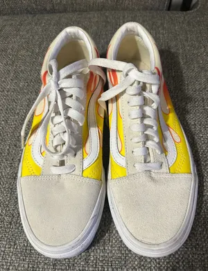 Vans Old Skool Flame Custom Shoes Unisex Cream Yellow Red Fire Size 6.5‎ EUC thumbnail 1
