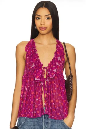 Free People Fearless Knit Tank Dragonfruit Combo Ruffle Tie Front Size Small thumbnail 1