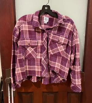 BDG Pink & Purple Plaid Cropped Shirt thumbnail 1
