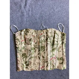 Floral Corset Top Bustier Ivory Green Pink Botanical Print Boned Sweetheart‎ thumbnail 2