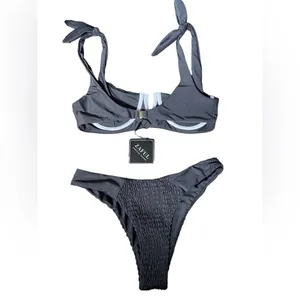 NEW Zaful Gray Smocked Shirred Bowknot Underwire V Cut Two Piece Bikini Set thumbnail 2