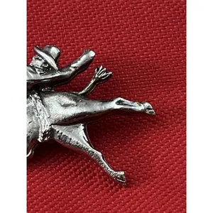 Pewter Bucking Bronco Rodeo Cowboy Bolo Slide Hat Lapel Pin thumbnail 4