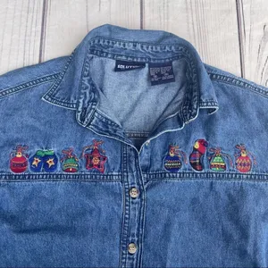 Solutions Denim Christmas Holiday Denim Button Up Shirt Embroidered‎ Small Ugly thumbnail 5