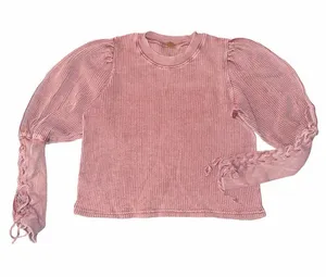 Free People Tasha Thermal Top Pink Waffle Knit Puff Sleeve Size XS FP One Boho thumbnail 1