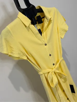 Lulus Yellow Linen Blend Button-Front Belted Midi Shirt Dress XS NWT thumbnail 4