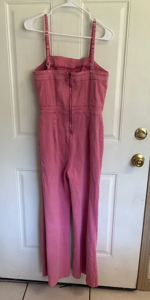 Large Amazon Rose Red Denim Sleeveless Adjustable Strap Stretchy Flare Jeans Long Pants Rompers. thumbnail 4