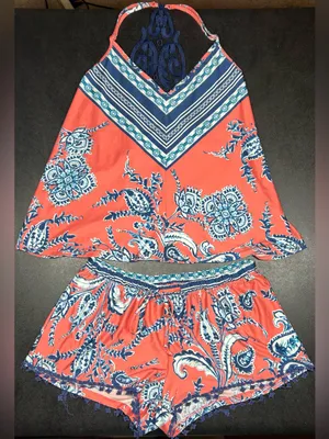 In Bloom by Jonquil Women's Size S Orange Blue Floral Knit Pajama Shorts Set thumbnail 1