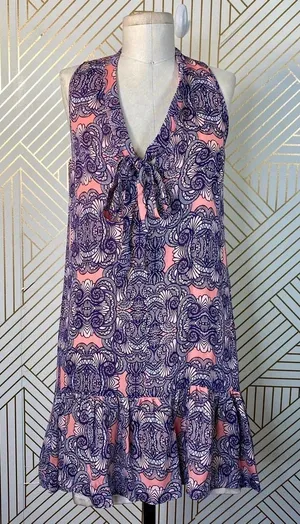 Amanda Uprichard Mini Dress Drop Hem Tie Neck Geometric Print Pink Purple Small‎ thumbnail 1