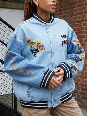 iets frans Blue Denim Embroidered Varsity Jacket Size XS thumbnail 1