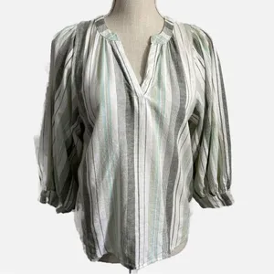 a.n.a Gray and Light Green Striped Linen V-Neck Pullover Blouse Women’s Size XS thumbnail 2