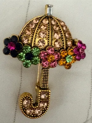 Jeweled Umbrella Parasol Brooch with Multicolor Crystal Flowers EUC thumbnail 4