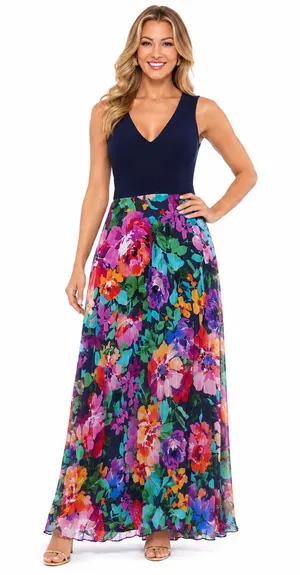 Xscape Womens Formal Evening Gown Size 4 Navy Floral Maxi Dress Wedding Party thumbnail 1
