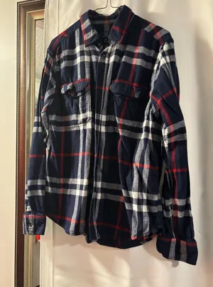 Unisex flannel button up plaid shirt Blue Size M thumbnail 1