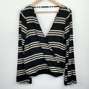 Chaser Womens M Black White Striped Wrap Top Deep‎ V Neck Bell Sleeve Y2K Boho thumbnail 2