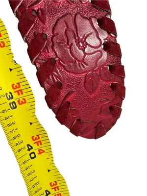 Red Floral Embossed Leather Belt Whipstitch Edges Silver Buckle Wide thumbnail 8