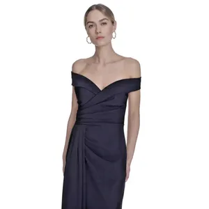 Eliza J Pleated Off Shoulder Gown Dress Size 4 $218 Navy Blue Crepe thumbnail 4