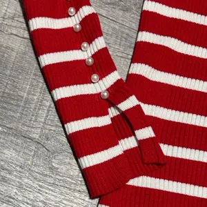 Red White Stripe Sweater Womens XS Ribbed Fitted Pearl Button Sleeve thumbnail 2