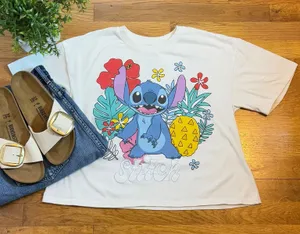 Disney Stitch Large Printed White Tropical Trendy Casual Short Sleeve T-Shirt thumbnail 1