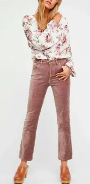 Free People Women's Size 26 Velvet Crop Flare Pants Taupe Brown Purple Stretch‎ thumbnail 1