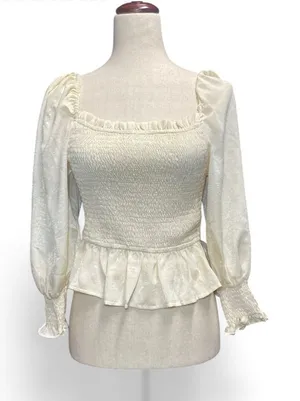 On‎ Blue Womens Ivory Smocked Square Neck long sleeve peplum Poet blouse Medium thumbnail 1